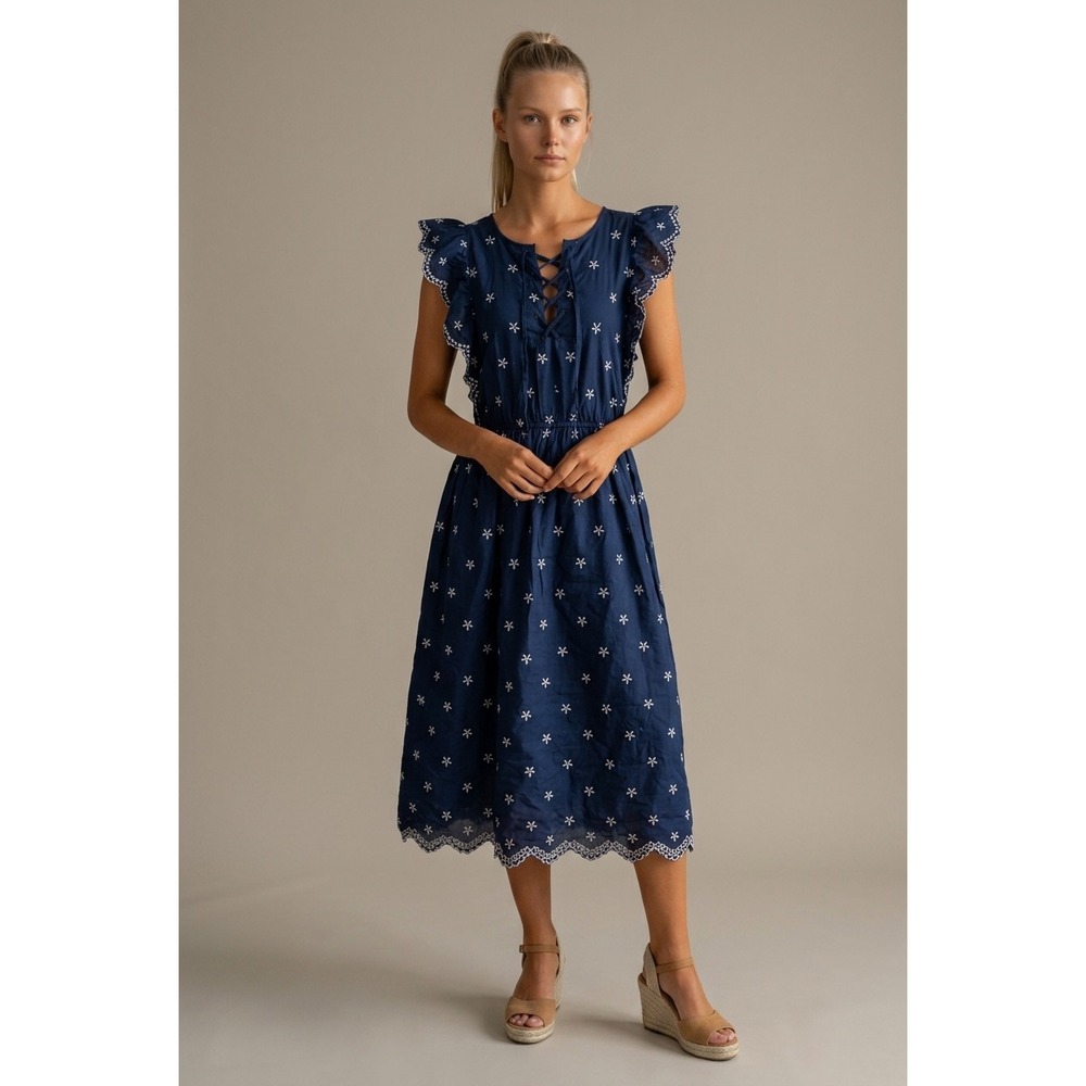 Gap Navy Blue Floral Embroidered Eyelet Midi Dress XS Cottagecore Boho Summer
